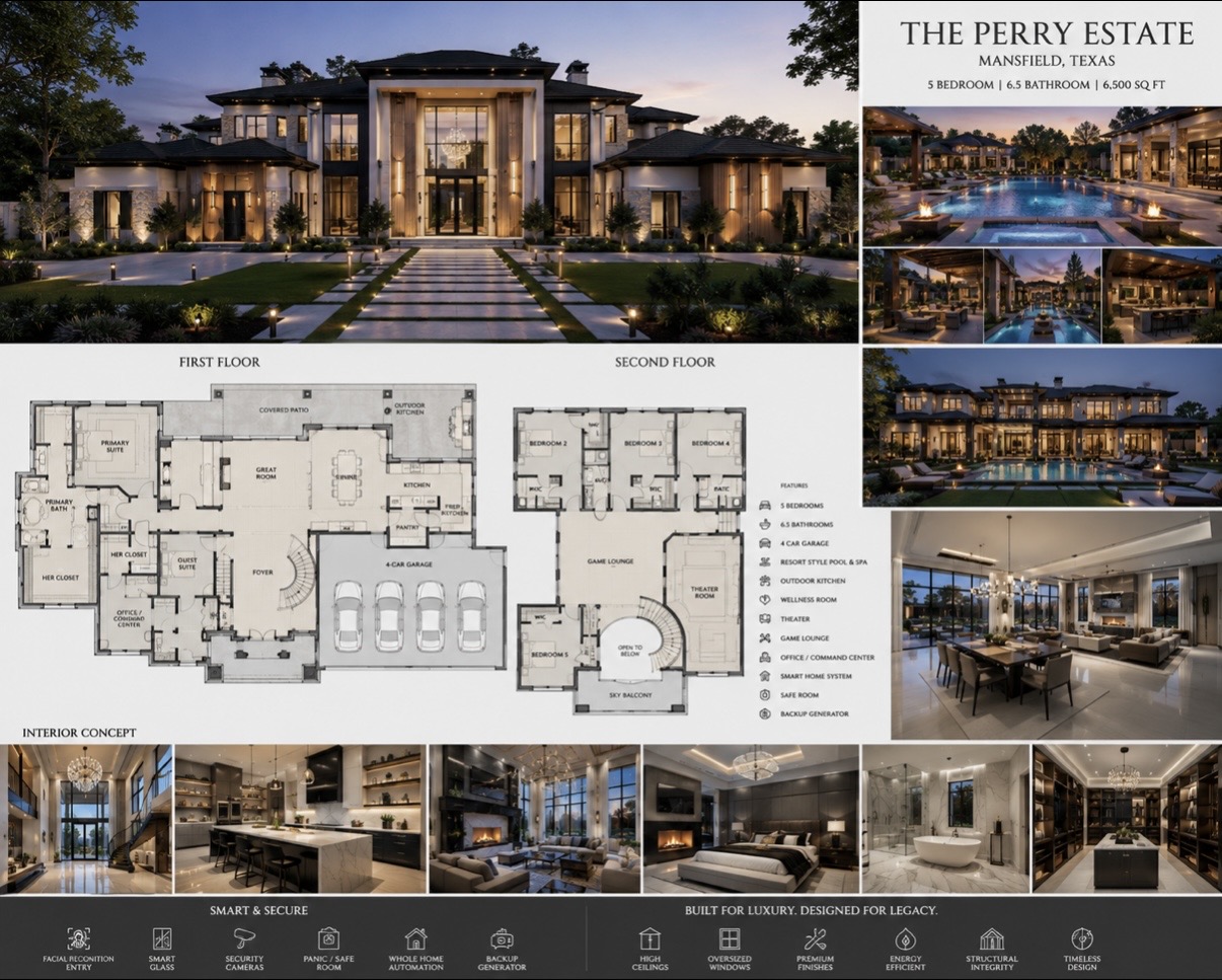 Luxury estate portfolio visualization with architectural plans and interior concepts